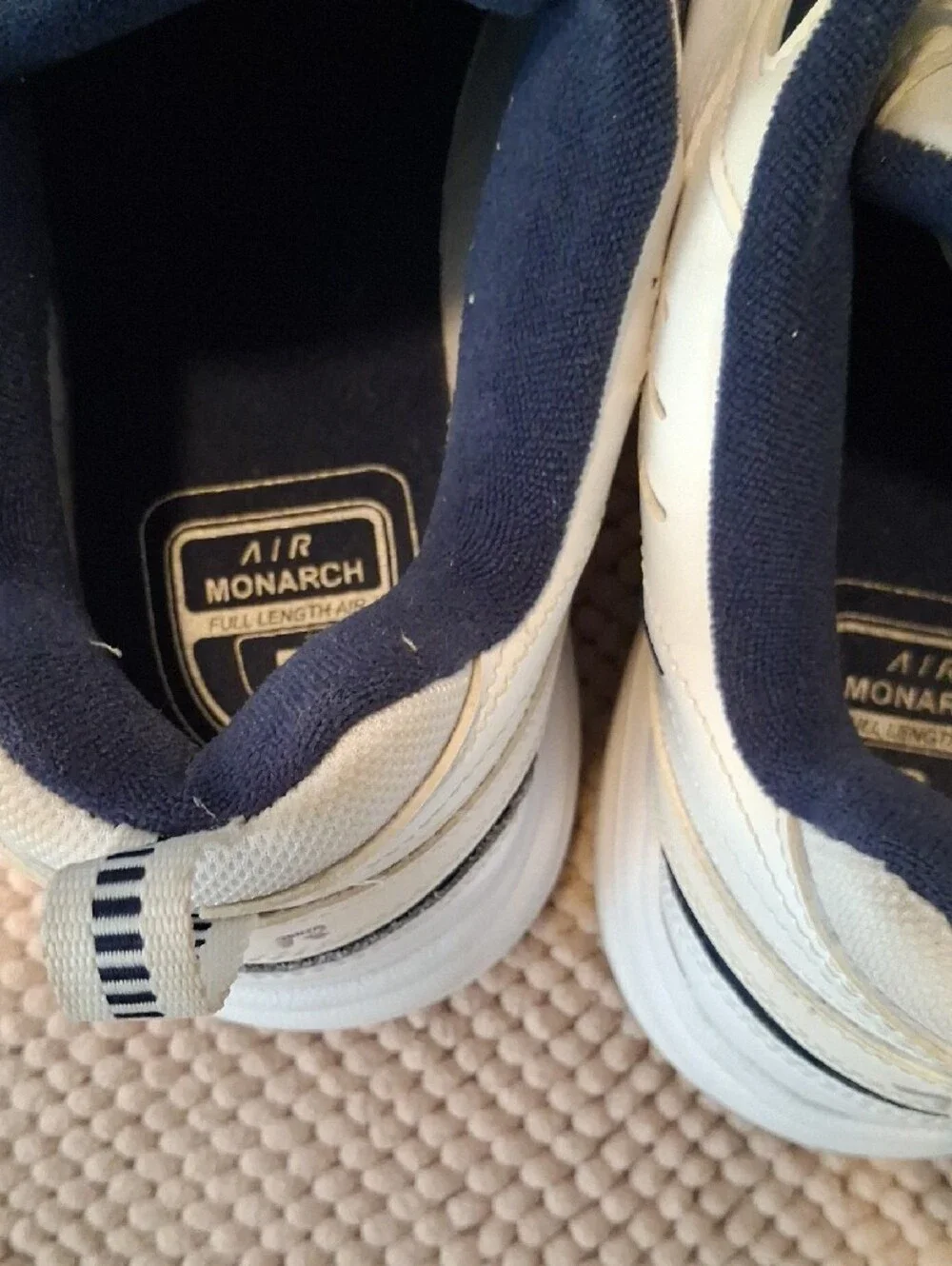 Nike White and Navy Air Monarch Low-Top Sneakers